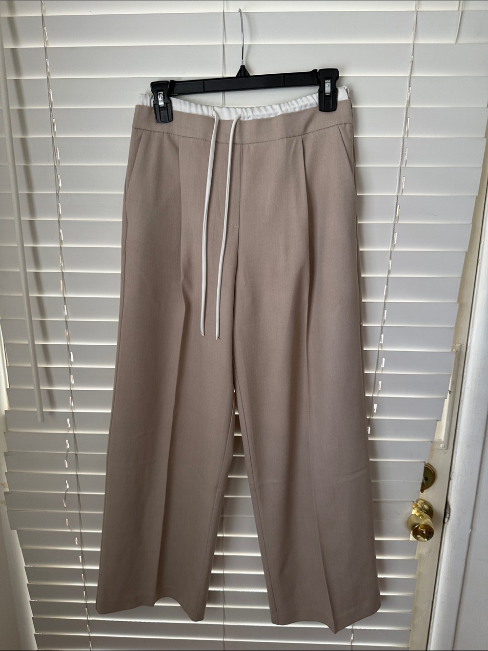 Zara Taupe Wide-Leg Drawstring Pants with White Waistband